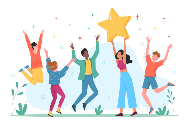 Happy people celebrate success achievement with joy, group of friends or collegues win Happy people celebrate success achievement with joy. Fun group of adult friends or collegues win, persons jump with star together on informal party flat vector illustration. Goal, friendship concept young adult illustrations stock illustrations
