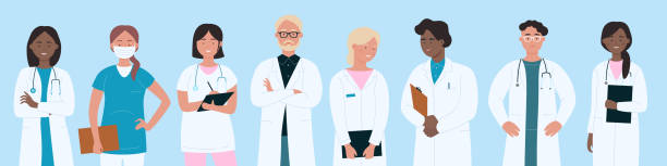 ilustrações, clipart, desenhos animados e ícones de equipe de médicos e enfermeiros de pé juntos, corajosos trabalhadores do hospital masculino e feminino - doctor healthcare and medicine nurse team