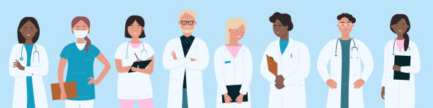 Team of doctors and nurses standing together, brave male and female hospital workers Team of doctors and nurses standing together. Crowd of brave male and female hospital workers wearing masks and medical uniform flat vector illustration. Profession, healthcare, medicine concept pharmacist cartoon stock illustrations
