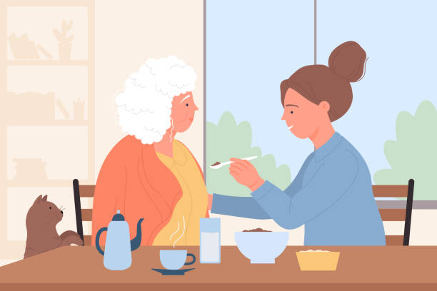 illustrazioni stock, clip art, cartoni animati e icone di tendenza di cura e aiuto per gli anziani da volontari, giovane caregiver che alimenta la donna anziana - dysphagia