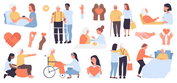 ilustrações de stock, clip art, desenhos animados e ícones de care and support for senior people set, disabled grandmother sitting in wheelchair - doença ilustrações