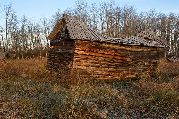 istock old abandoned farm building: collapsed shed in frosty field 138190818