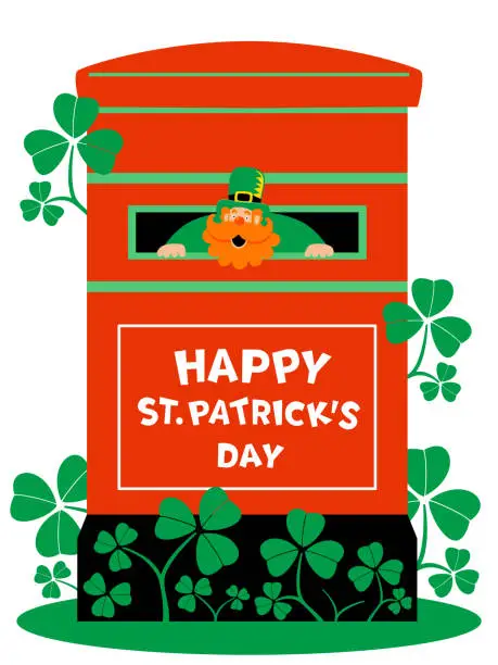 Vector illustration of The mysterious leprechaun stretches his head out of a mail slot of a big public mailbox that has a 