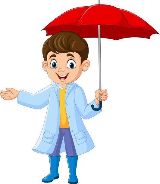 kreskówkowy szczęśliwy mały chłopiec trzymający parasol - 11917 stock illustrations