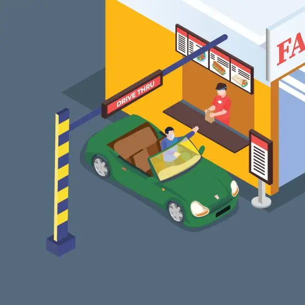 Vector illustration of Customer drive thru buying fast food  isometric 3d