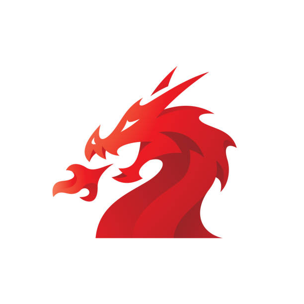 illustrazioni stock, clip art, cartoni animati e icone di tendenza di illustrazione moderna del drago sputafuoco gradiente, icona vettoriale del logo della testa di drago - draghi