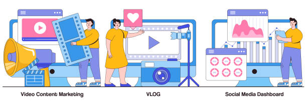 video content marketing, vlog und social media dashboard illustrated pack - filmklappe grafiken stock-grafiken, -clipart, -cartoons und -symbole