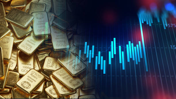 stack of  shiny gold bars on financial gold price graph  3d illustration stock photo