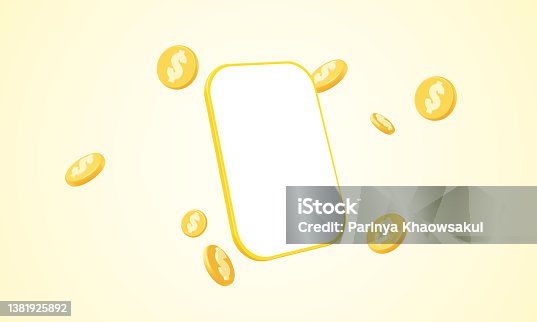 istock Cartoon smartphone with flying gold dollar coin in the air 1381925892