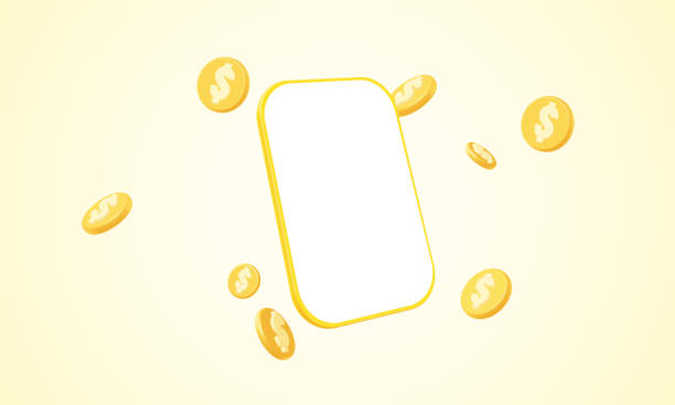 Cartoon smartphone with flying gold dollar coin in the air Cartoon smartphone with flying gold dollar coin in the air, Stablecoin Crypto on Mobile coin stock illustrations