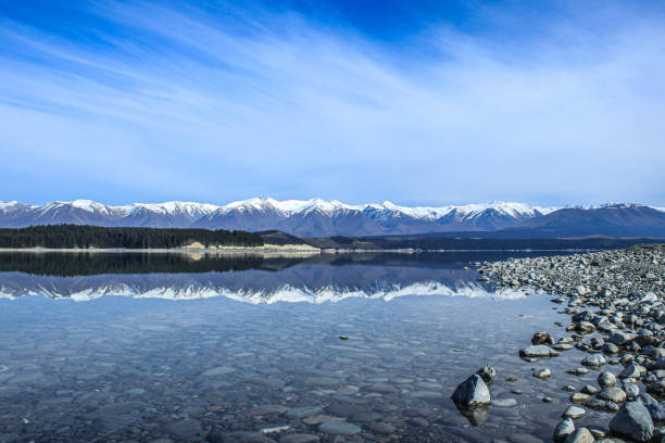Perfectly still morning on Lake Pukaki. Glass reflective water and snow covered mountain tops