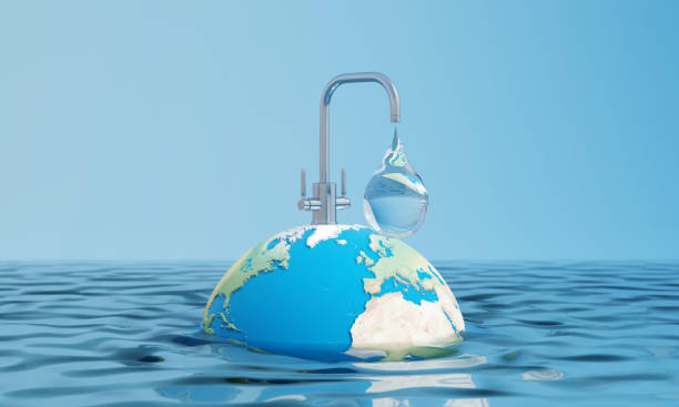 istock World water day saving water quality campaign and environmental protection concept. Globe sphere floating over water with faucet and water drop on a blue isolated background. 3d rendering illustration 1381936054