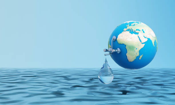 istock World water day saving water quality campaign and environmental protection concept. Globe sphere floating over water with faucet and water drop on a blue isolated background. 3d rendering illustration 1381936566