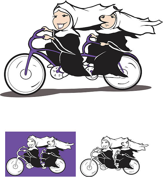 nuns on a bike Two nuns on a tandem bike enjoying a ride, well one of them is enjoying it. angry nun stock illustrations
