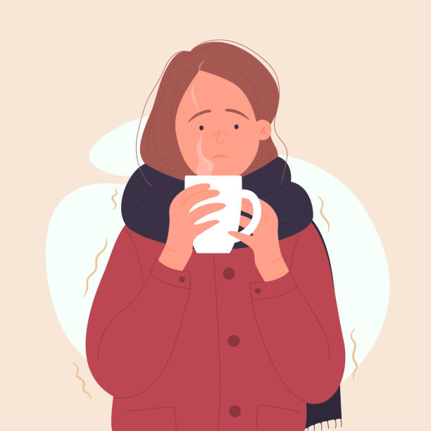 ilustraciones, imágenes clip art, dibujos animados e iconos de stock de mujer enferma con bebida caliente que tiene escalofríos fríos - vestirse