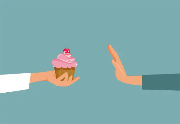 Vector illustration of Person on Diet Refusing Cupcake Dessert Vector Cartoon Illustration