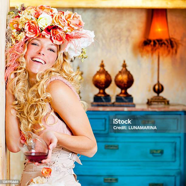 Baroque Fashion Blond Womand Drinking Red Wine Stock Photo - Download Image Now - Haute Couture, Hat, Fashion Model