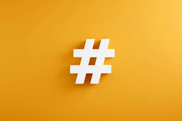 White hashtag symbol yellow background. 3d render.