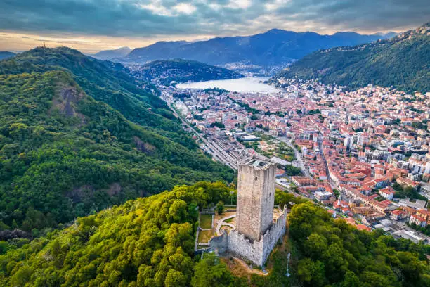 Town of Como and Baradello tower aerial view, Lombardy region of Italy