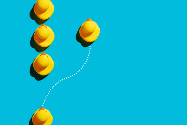 istock Rubber duck stands out from the crowd. Successful business startup, competitive advancement or career achievement 1381974029