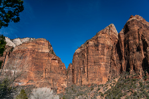 View of Zion National Park Mountains Peaks with Clear Blue Skies
