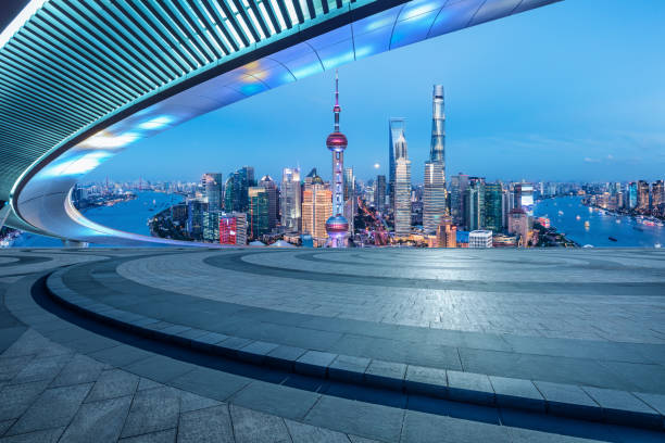 Empty floor and skyline with buildings in Shanghai stock photo
