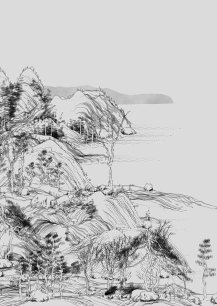 istock black and white Chinese mountain water landscape painting illustration 1382002477