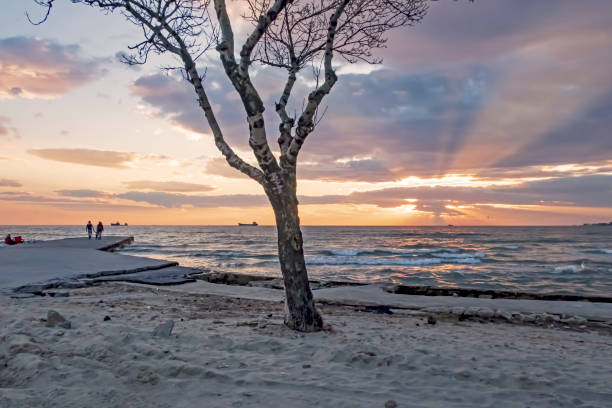 istanbul,Turkey-December 6,2021.Winter season.Sunset and Marmara Sea view at Menekse beach in istanbul city,Turkey.