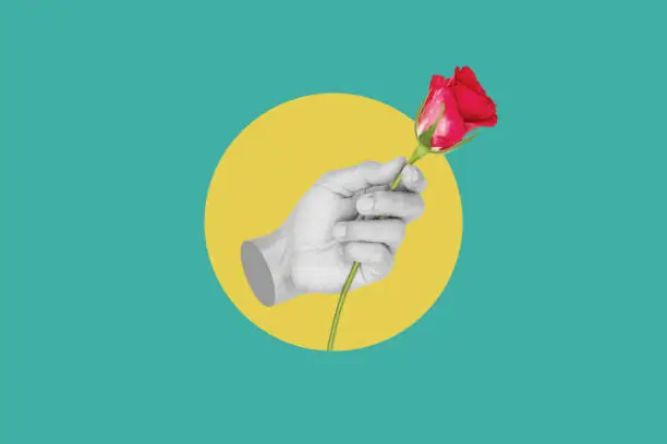 Photo of Digital collage modern art. Hand holding red rose