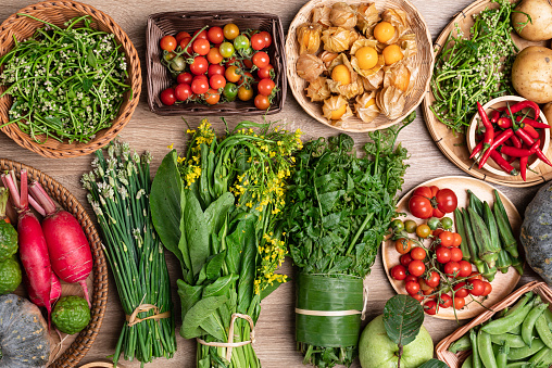 Organic Southeast Asian vegetables local farmers market, Northern of Thailand, Sustainability concept, Table top view