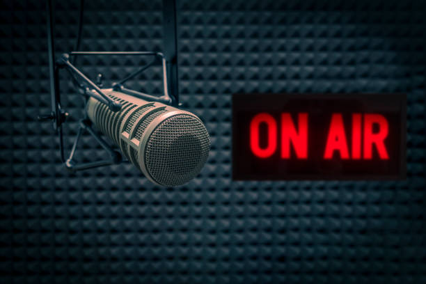 istock Professional microphone and on air sign 1382014506