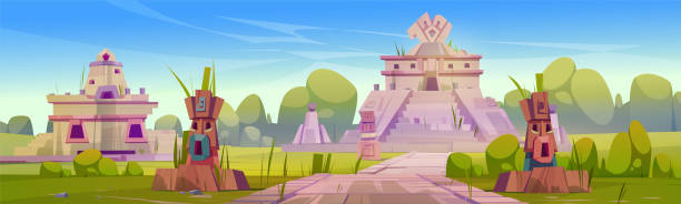 illustrazioni stock, clip art, cartoni animati e icone di tendenza di antiche rovine di templi aztechi, statue e piramidi - chilean culture chile forest the americas