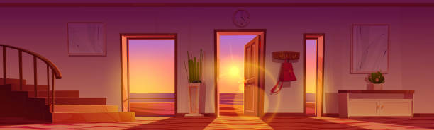 illustrazioni stock, clip art, cartoni animati e icone di tendenza di corridoio della casa con vista sulla spiaggia del mare al tramonto - steps staircase water doorway