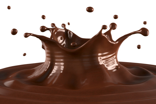 Chocolate splash and ripples on white background.