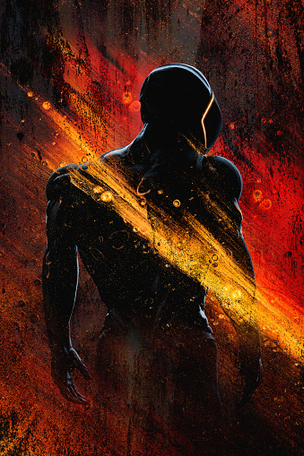 Grunge scifi gaming y fondo de juegos. Diseño de póster de soldado futurista. Renderizado 3D. photo
