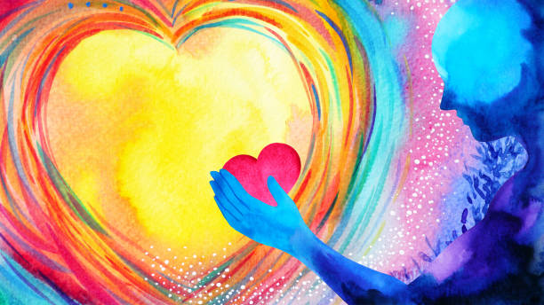 red heart love mind mental flying healing in universe spiritual soul abstract health art power watercolor painting illustration design - aşk stock illustrations
