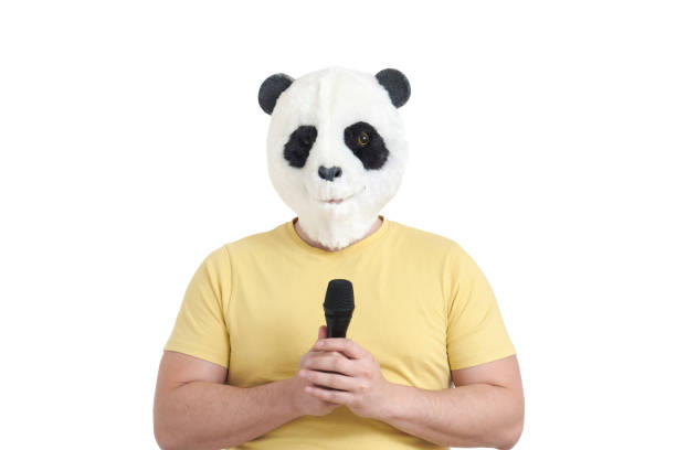 Portrait of a man wearing a panda mask head holding a microphone isolated on white background in studio.