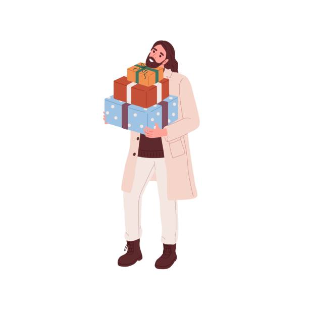 illustrazioni stock, clip art, cartoni animati e icone di tendenza di persona felice che tiene le scatole regalo di natale in mano. l'uomo con i regali di capodanno per le vacanze invernali. preparativi per le vacanze, shopping. illustrazione vettoriale piatta isolata su sfondo bianco - christmas stack gift carrying