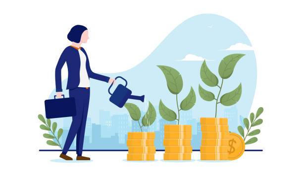 Woman growing money Female person watering money tree. Economic growth and business profits concept, vector illustration entrepreneur clipart stock illustrations