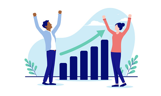 Two people cheering and celebrating rising chart. Successful small business concept. Flat design vector illustration