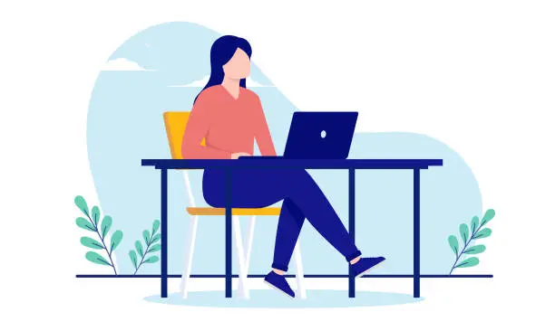 Vector illustration of Woman working on computer at desk