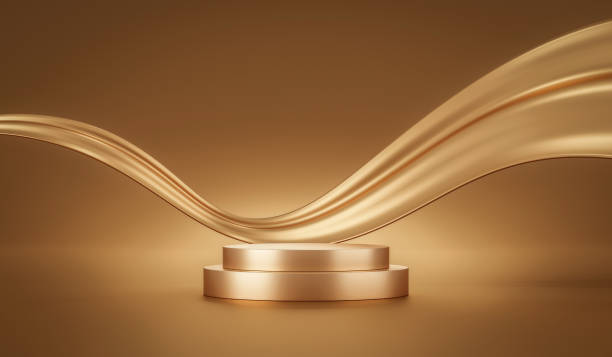 istock Gold podium elegant fabric background of luxury empty presentation studio product decoration or show stand golden pedestal shiny satin fashion and abstract 3d stage scene display on premium backdrop. 1382105948