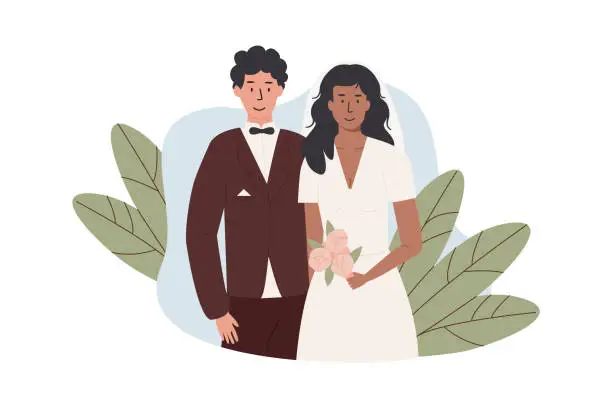 Vector illustration of A groom and bride holding flower bouquet. Interracial married couple. Newlywed couple of man and woman. Romantic marriage of love partners. Husband in suit, wife in wedding dress. Vector illustration