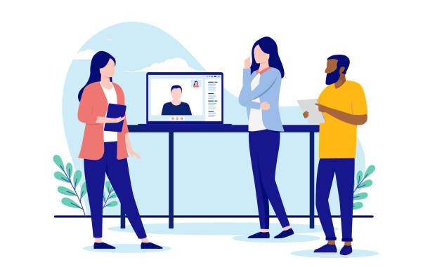 Stand up and remote meeting vector illustration Work team having a conversation standing up with online precipitants. Modern workplace concept. Vector illustration with white background in the middle of nowhere stock illustrations