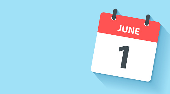 June 1. Calendar Icon with long shadow in a Flat Design style. Daily calendar isolated on a wide blue background. Horizontal composition with copy space. Vector Illustration (EPS10, well layered and grouped). Easy to edit, manipulate, resize or colorize. Vector and Jpeg file in different sizes.