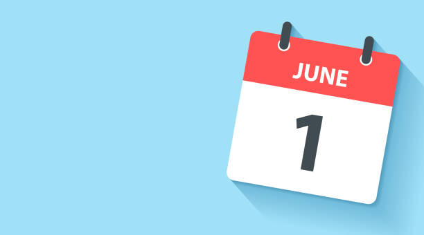June 1 - Daily Calendar Icon in flat design style June 1. Calendar Icon with long shadow in a Flat Design style. Daily calendar isolated on a wide blue background. Horizontal composition with copy space. Vector Illustration (EPS10, well layered and grouped). Easy to edit, manipulate, resize or colorize. Vector and Jpeg file in different sizes. june stock illustrations