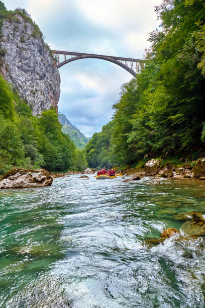 Rafting in Montenegro on the Tara River with a view of the Dzhurdzhevich Bridge stock photo
