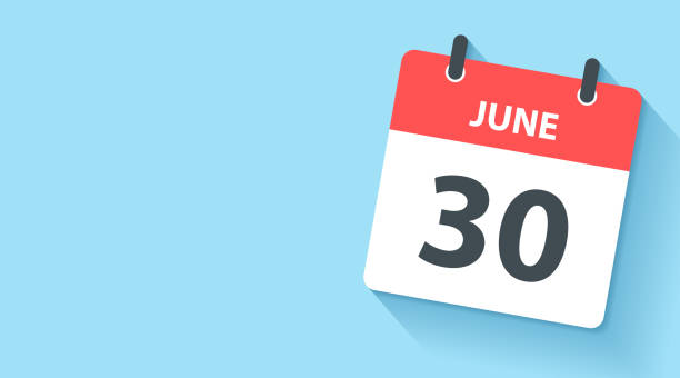 June 30 - Daily Calendar Icon in flat design style June 30. Calendar Icon with long shadow in a Flat Design style. Daily calendar isolated on a wide blue background. Horizontal composition with copy space. Vector Illustration (EPS10, well layered and grouped). Easy to edit, manipulate, resize or colorize. Vector and Jpeg file in different sizes. 2024 30 stock illustrations