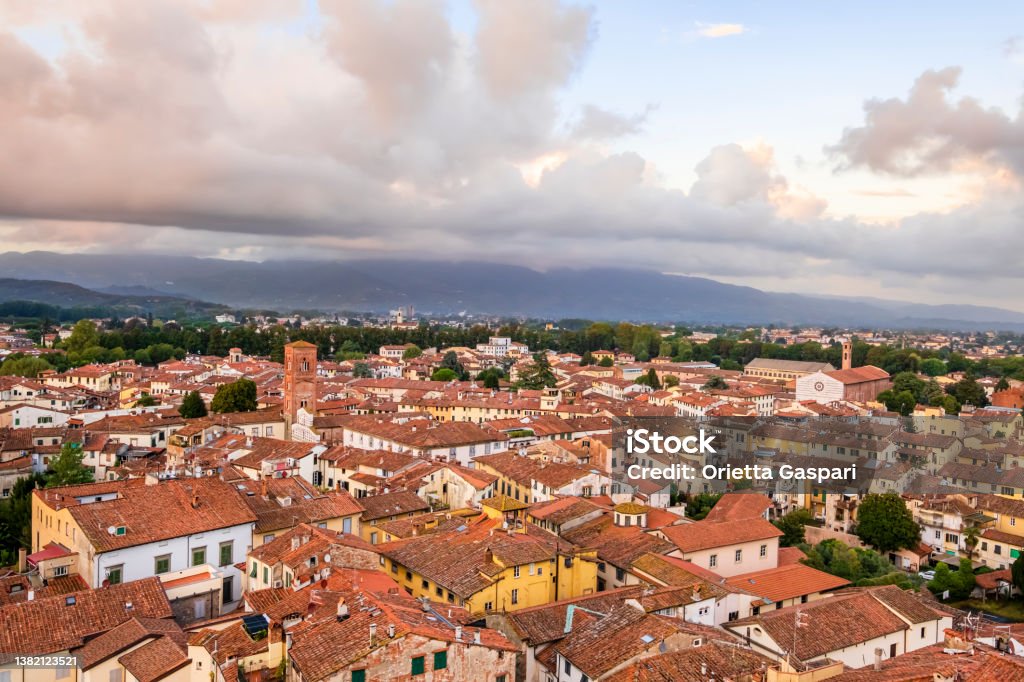 Lucca from above (Tuscany, Italy) Top view of Lucca, a beautiful art city with a very well preserved historic center Italy Stock Photo