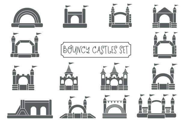 illustrazioni stock, clip art, cartoni animati e icone di tendenza di castello gonfiabile gonfiabile. torre e attrezzature per parco giochi per bambini. segno di casa che salta. set di icone di silhouette vettoriale glifo. - inflatable castle play playground